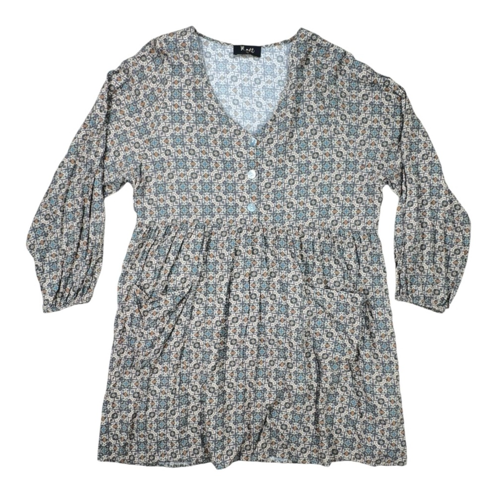 Meritt Geometric Floral Print Boho Babydoll Dress w/ Pockets L Cottagecore
